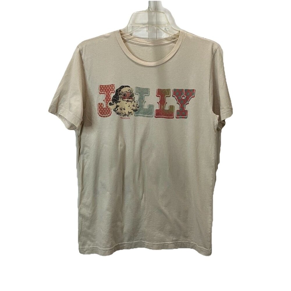 Mud Pie Mudpie Jolly Santa Spellout Christmas Shirt Cream Red Womens Size M